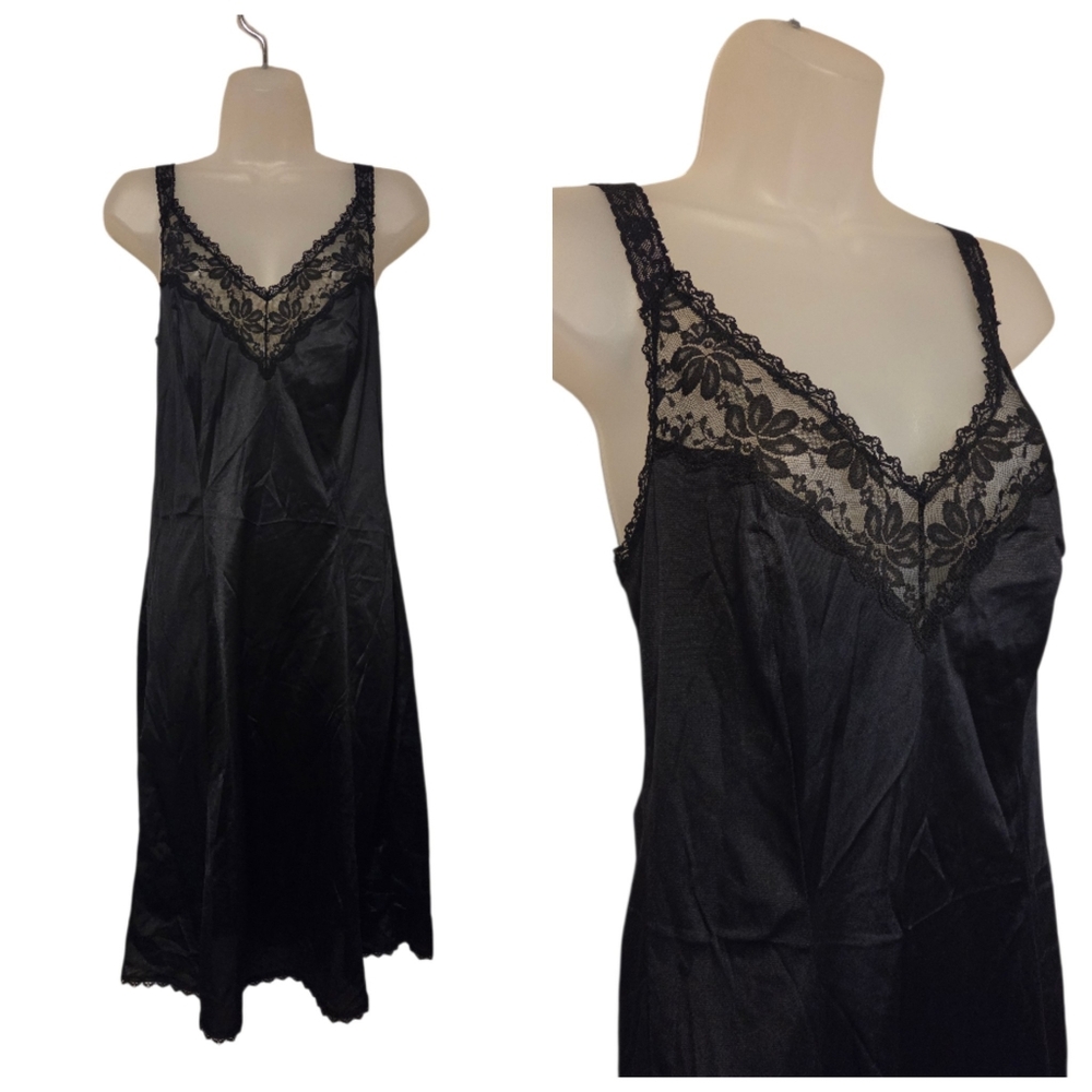 Vintage ILGWU Maidenform Black Lace Silky Slip Lingerie Dress Women's Size 36 - Picture 2 of 9
